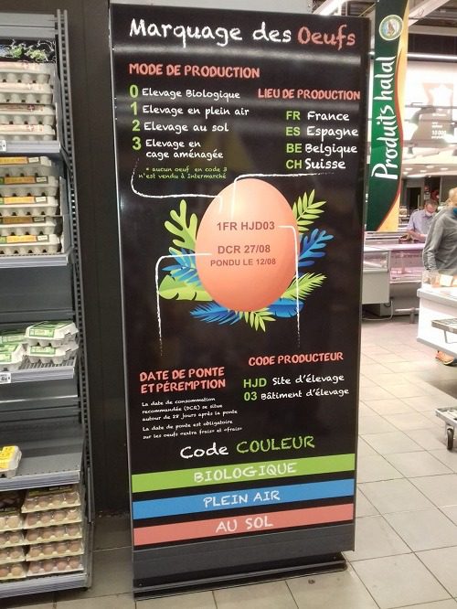 adhésif sur panneau affichage marquage des œufs supermarché